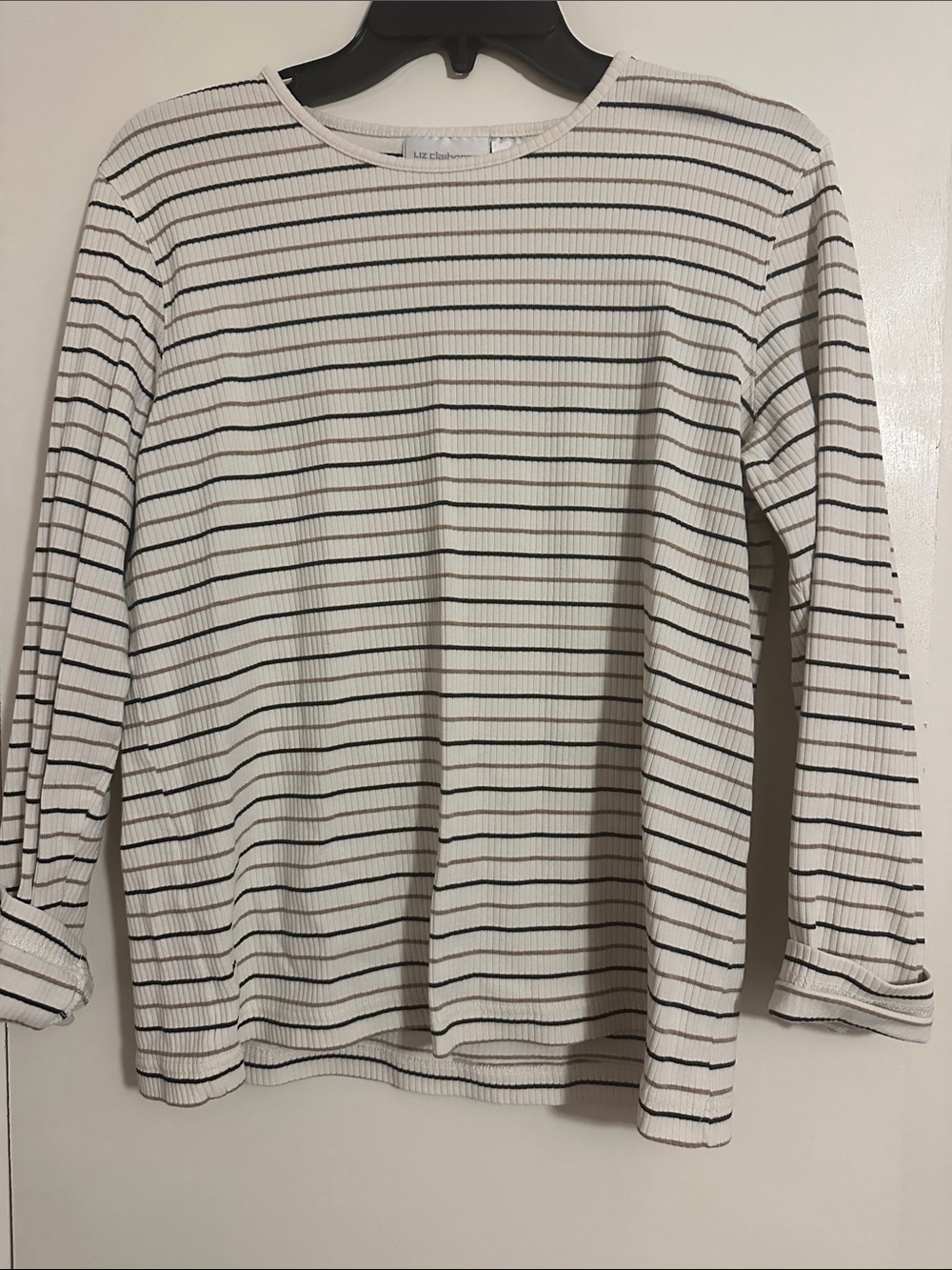 Liz Claiborne Cream and Black Striped Long-Sleeve Ribbed Top
